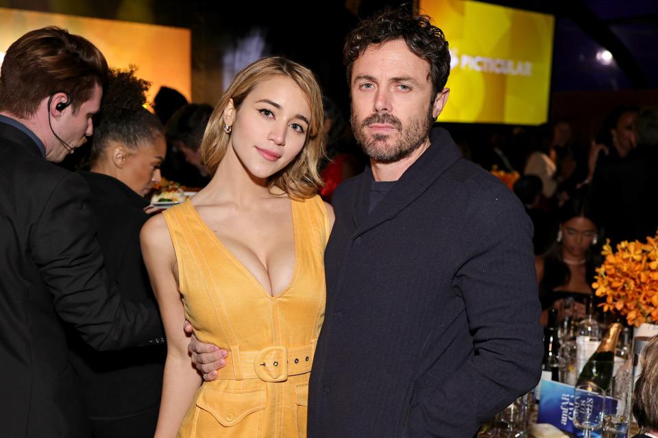 Caylee Cowan and Casey Affleck attend amfAR Gala Los Angeles 2022 at Pacific Design Center on November 03, 2022 in West Hollywood, California.