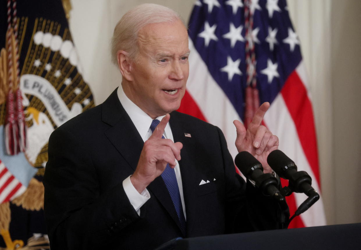 President Biden gestures as he speaks about the Affordable Care Act and Medicaid at the White House.