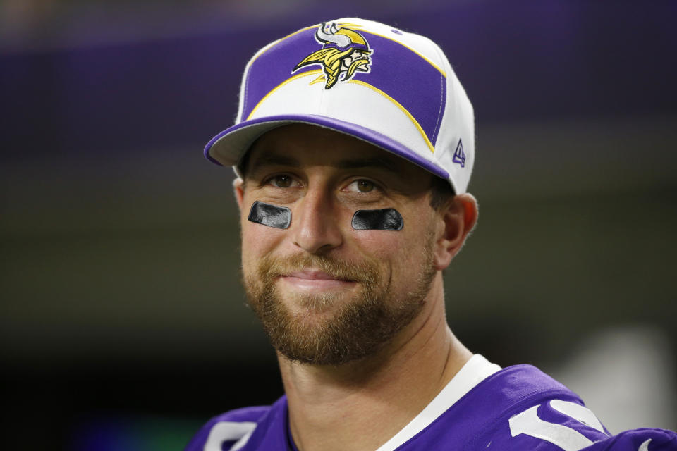 FILE - Minnesota Vikings wide receiver Adam Thielen watches from the sideline during the second half of an NFL preseason football game against the Seattle Seahawks, Sunday, Aug. 18, 2019, in Minneapolis. The coronavirus pandemic scuttled most college pro days, wiped out all rookie minicamps and obliterated the NFL's traditional offseason. "Honestly, I probably wouldn't be in the NFL if this would've happened my rookie year," said Vikings two-time Pro Bowl receiver Adam Thielen, who went undrafted in 2013 out of Minnesota State but parlayed an impressive weekend at a rookie minicamp into a practice squad job and eventually a roster spot.(AP Photo/Bruce Kluckhohn, File)