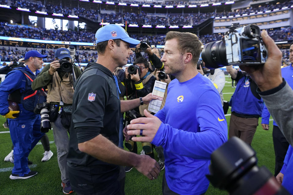 Los Angeles Chargers head coach Brandon Staley, left, and Los Angeles Rams head coach Sean McVay shake hands after an NFL football game Sunday, Jan. 1, 2023, in Inglewood, Calif. The Chargers won 31-10. (AP Photo/Mark J. Terrill)