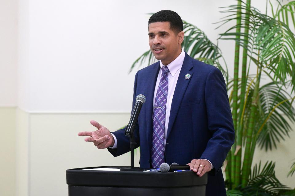 Okaloosa County School District Superintendent Marcus Chambers speaks an event. Okaloosa has received an overall grade of A from the Florida Department of Education. It was one of 14 school districts in the state to earn the highest rating.