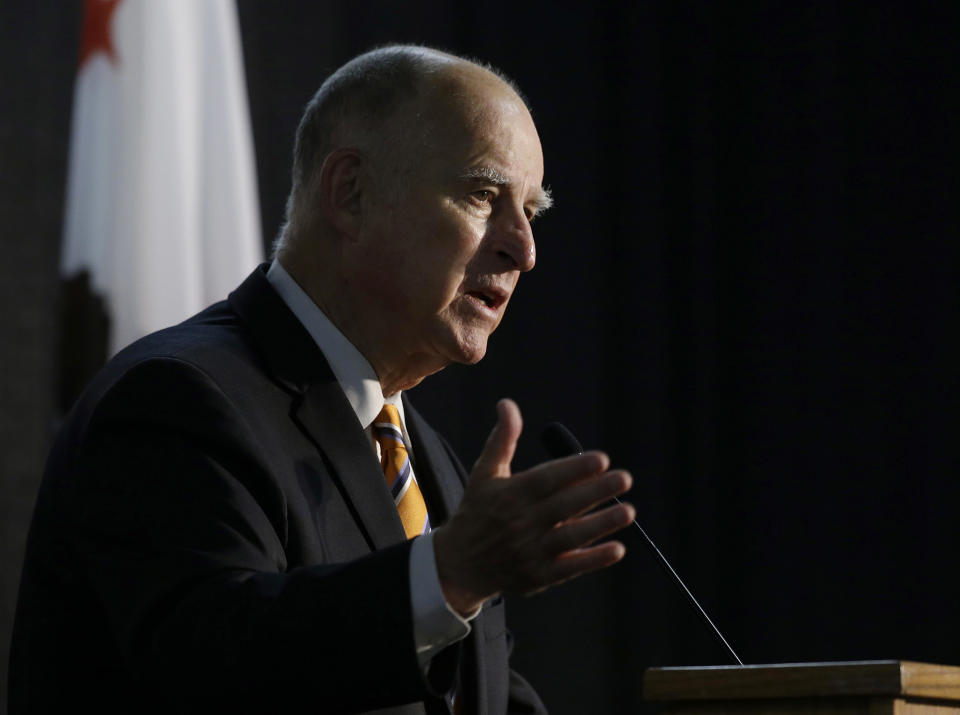 FILE - In this June 29, 2018, file photo, California Gov. Jerry Brown speaks at a forum in Sacramento, Calif. On Friday, Jan. 28, 2022, a federal appeals court upheld California’s net neutrality law, rejecting an attempt by telecommunications industry groups to prevent the state from enforcing it. California's net neutrality law was signed by former Gov. Brown in 2018. (AP Photo/Rich Pedroncelli, File)