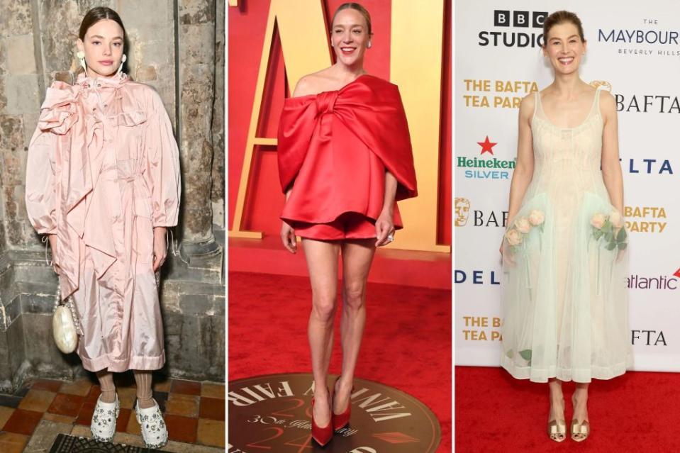 From left: Actresses Kristine Froseth, Chloë Sevigny and Rosamund Pike pick Simone Rocha for couture moments attending the brand’s fall 2024 show, the Vanity Fair Oscar Party and the BAFTA Tea Party, respectively. Images: Getty