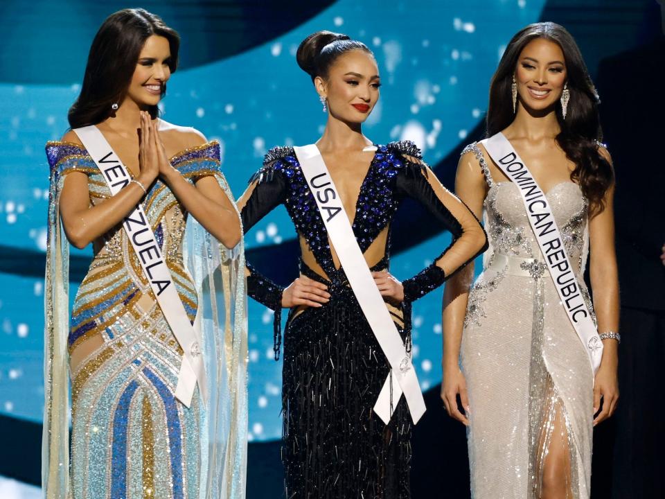 Miss Venezuela, Miss USA, and Miss Dominican Republic compete in the 71st Miss Universe competition.