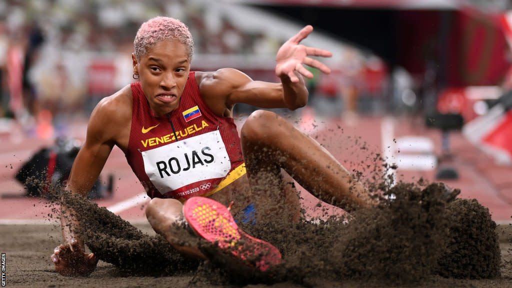 Yulimar Rojas lands in the sand at the Olympic Games in Tokyo