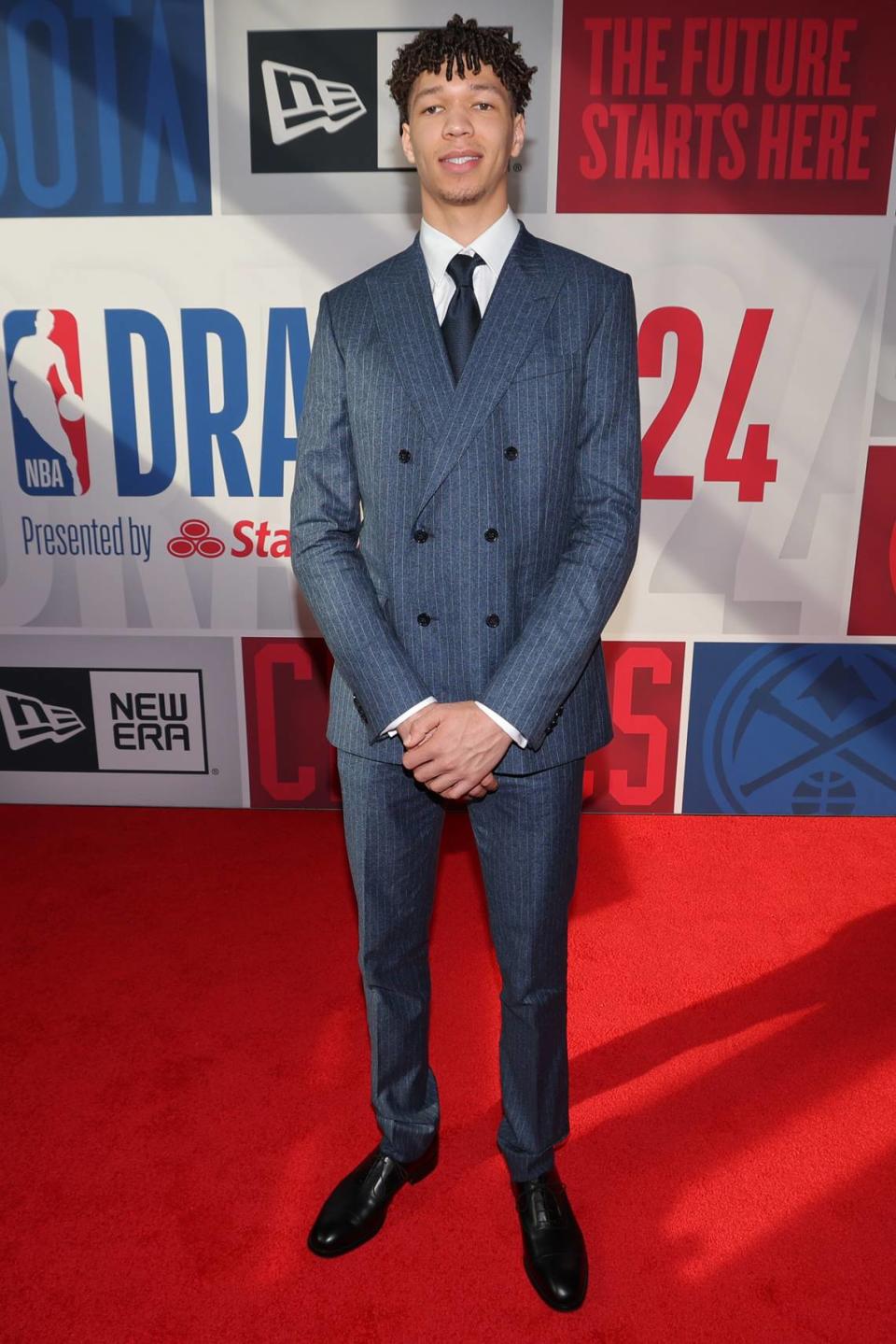 Tidjane Salaun arrives before the first round of Wednesday’s 2024 NBA Draft at Barclays Center. The Hornets drafted the 18-year-old No. 6 overall.