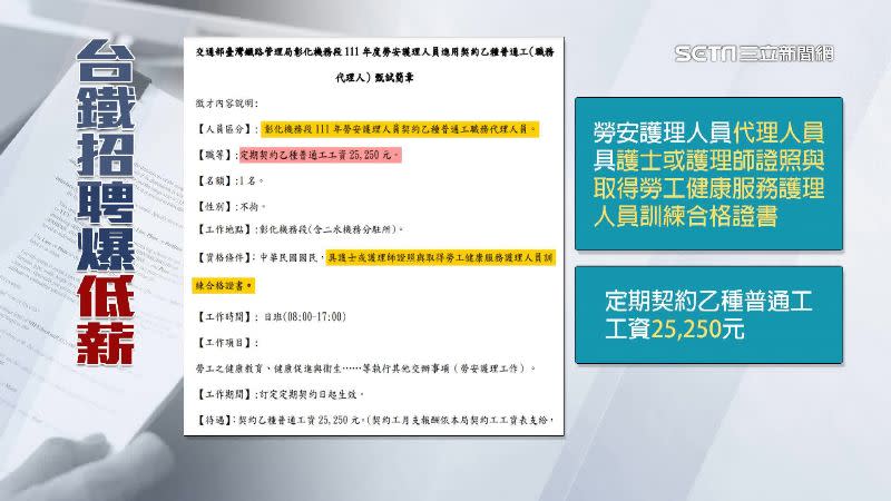 台鐵要求需具備「護士或護理師證照以及取得勞工健康服務護理人員訓練合格證書」。