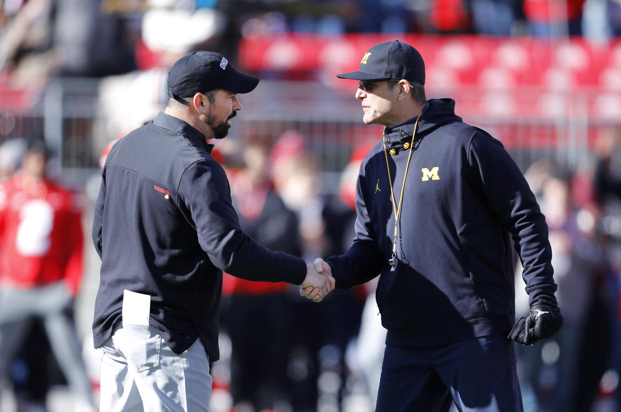 The Ohio State Buckeyes and Michigan Wolverines will meet Saturday in Ann Arbor, Michigan. Jim Harbaugh will not be on the sideline as he serves the final game of his suspension. (Joseph Maiorana-USA TODAY Sports)