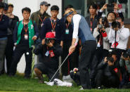 Golf - LPGA KEB Hana Bank Championship - Play-off Round - Incheon, South Korea - 16/10/16. Alison Lee of U.S. hits a shot on the eighteenth hole. REUTERS/Kim Hong-Ji