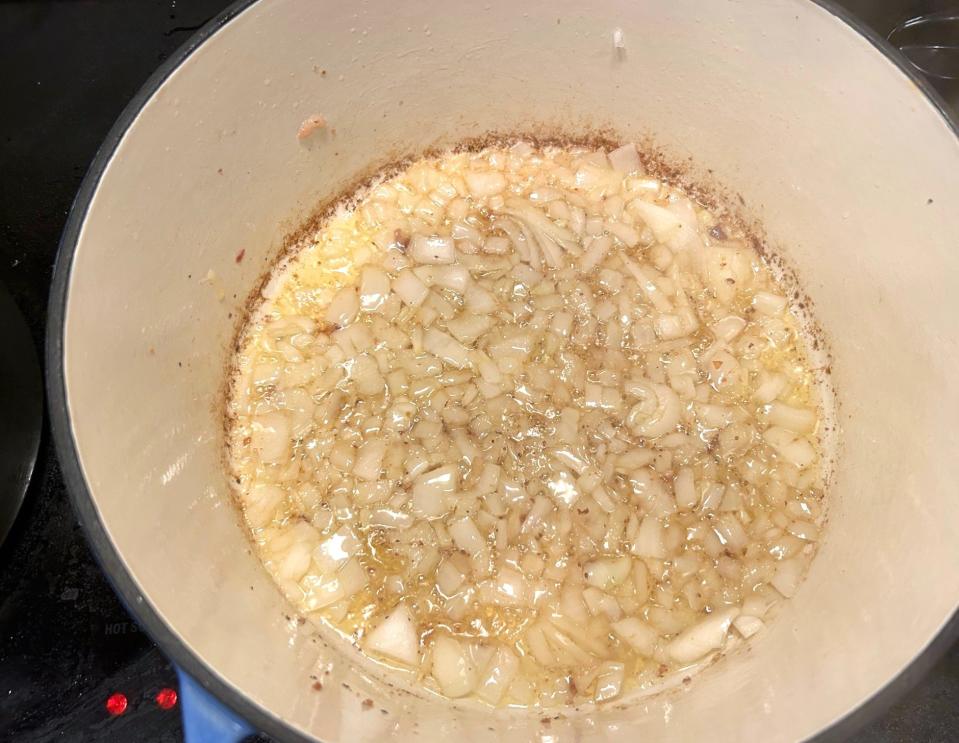 Cooking the onions and garlic for Ina Garten's weeknight pasta