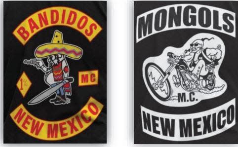 Patches representing the Bandidos (left) and Mongols motorcycle clubs