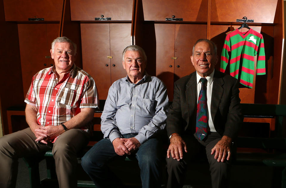 John Sattler, pictured here with fellow Souths legends Bob McCarthy and George Piggins in 2014.