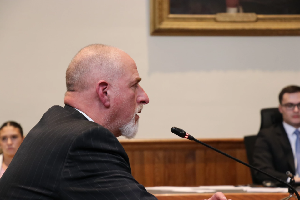 Former state Rep. Timothy Egan of Sugar Hill testifies in support of a bill to legalize and regulate recreational marijuana on April 20, 2023. Egan is also a chair of the board of advisers for the NH Cannabis Association.