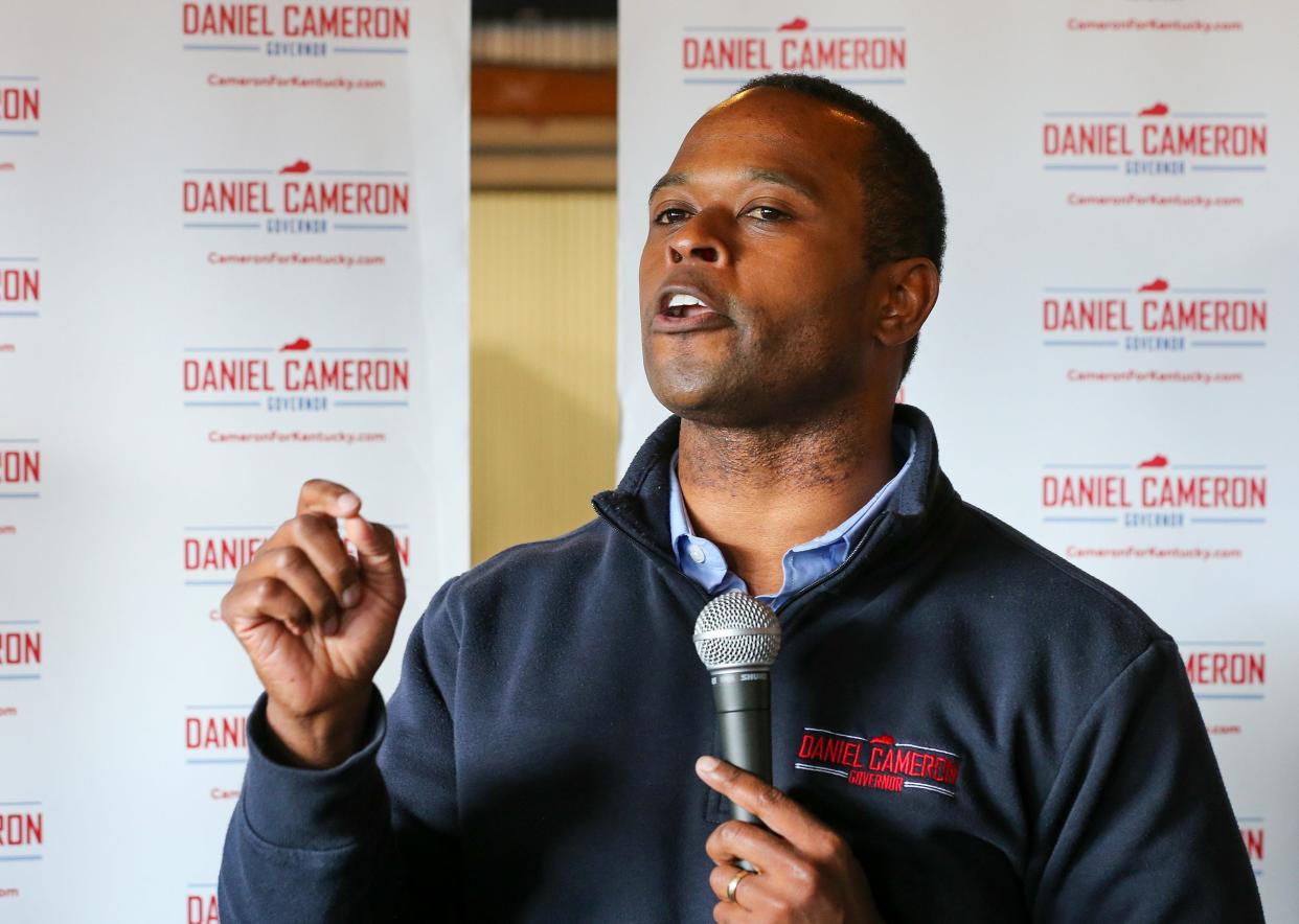 Attorney General Daniel Cameron speaks to supporters during a campaign stop in Jeffersontown on Friday, October 20, 2023