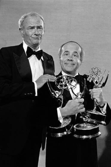 Sept. 18, 1978 photo, comedians Harvey Korman, left, and Tim Conway show off three Emmy Awards for the "Carol Burnett Show"
