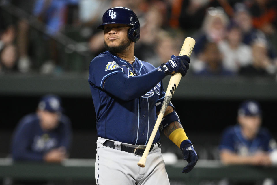 Tampa Bay Rays' Harold Ramirez reacts after striking out during the eighth inning of the team's baseball game against the Baltimore Orioles, Wednesday, May 10, 2023, in Baltimore. The Orioles won 2-1. (AP Photo/Nick Wass)