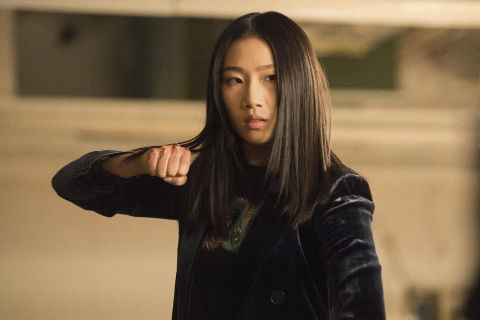 This image released by The CW shows Olivia Liang as Nicky Shen in a scene from "Kung Fu," premiering on April 7. (Kailey Schwerman/The CW via AP)