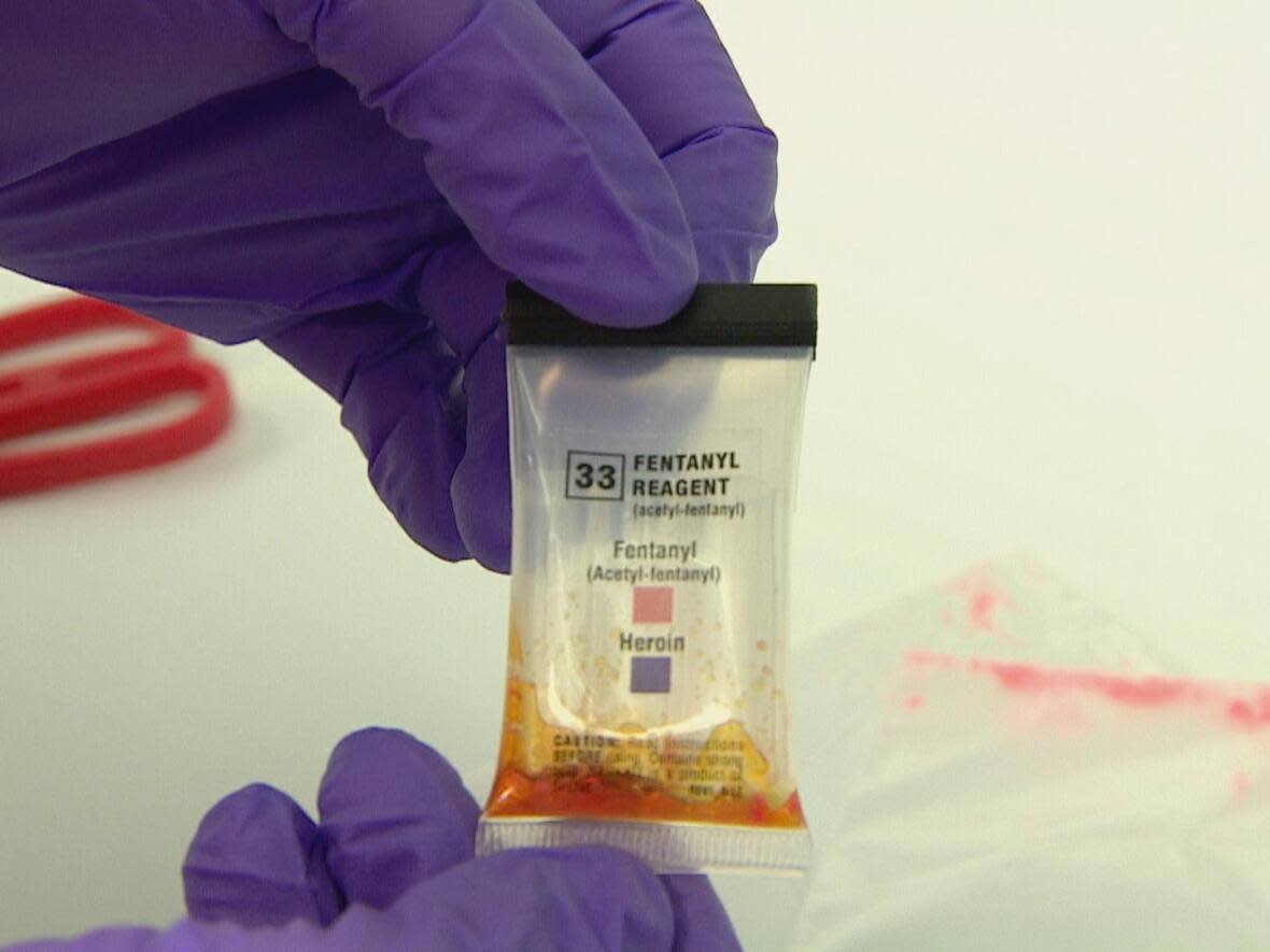 The Calgary Police Service tests drugs to see what is circulating in the community. After several tests, the package shows the presence of fentanyl. (James Young/CBC - image credit)