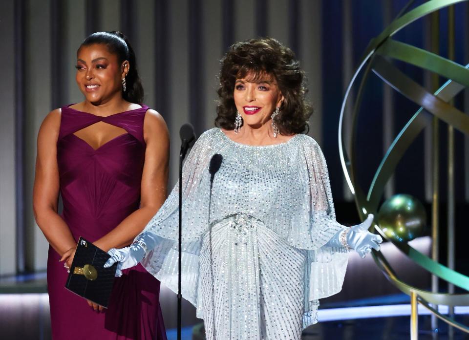 los angeles, california january 15 l r taraji p henson and joan collins speak onstage during the 75th primetime emmy awards at peacock theater on january 15, 2024 in los angeles, california photo by monica schipperwireimage