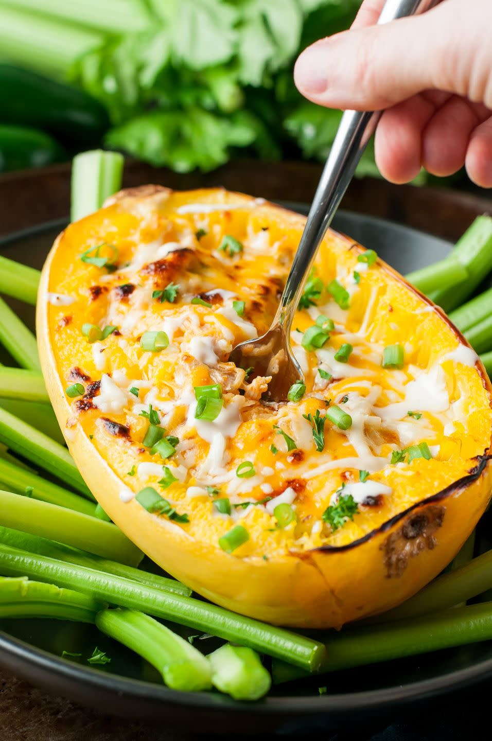 Cheesy Buffalo Chicken Spaghetti Squash Bowls