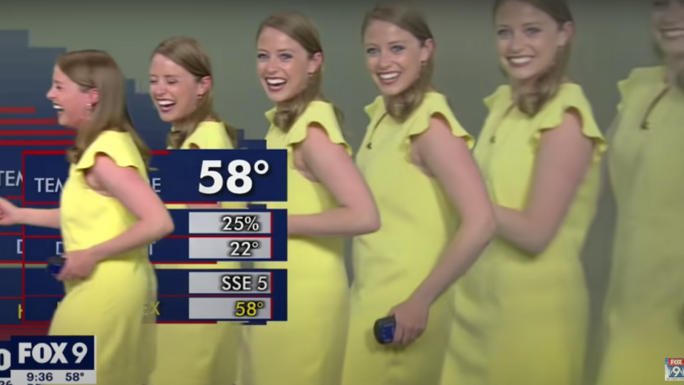 A technical glitch resulted in a meteorologist leading her clones across the screen during a forecast.