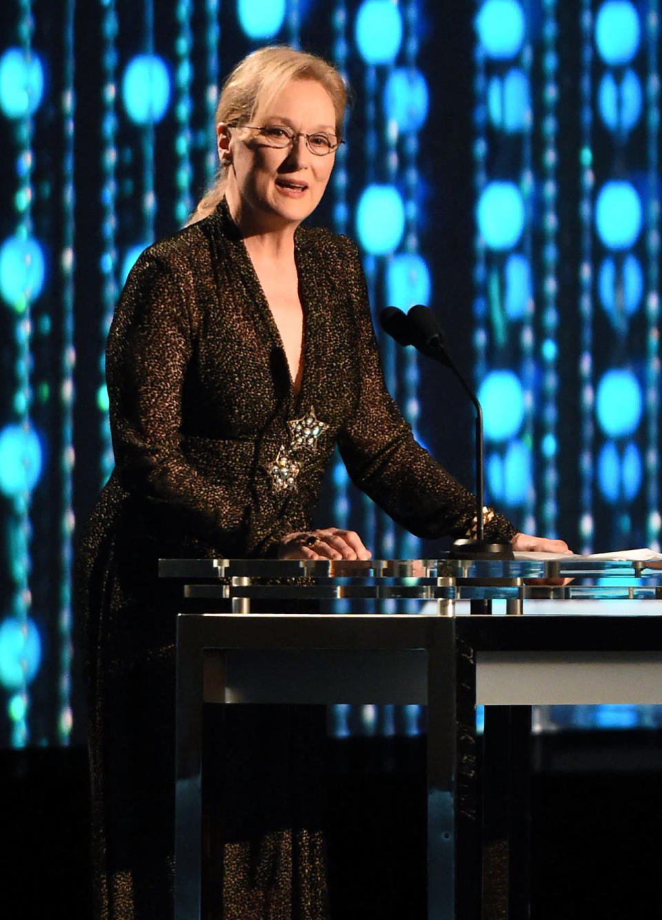 Meryl Streep appears to have given the red carpet a miss, but showed how incredible she looks during the gala’s ceremony. The 66-year-old sparkled in a floor-length black and gold dress. [Photo: Rex]