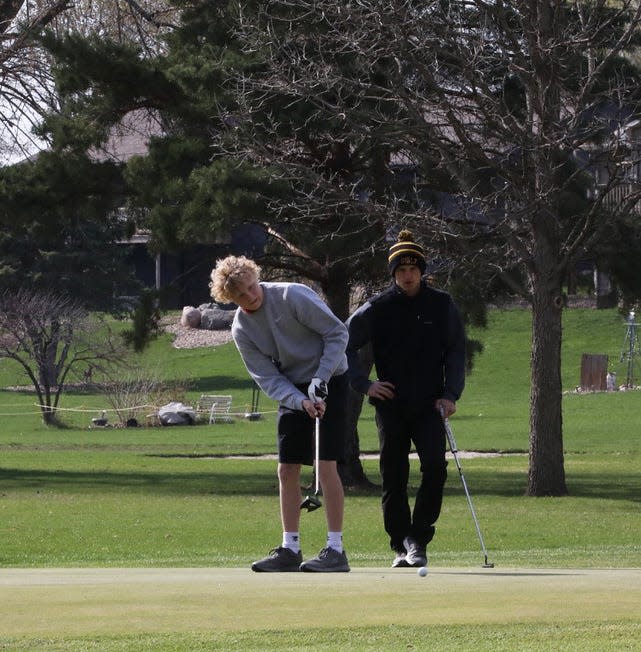 Hayden Eslick tied for seventh individually with a 9-hole score of 44 to help the Roland-Story boys golf team take second at its home quadrangular meet April 18 at the River Bend Golf Course in Story City.