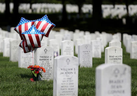 Balloons fly over the grave Thomas J. Barbieri II at Arlington National Cemetery in Washington, U.S., August 21, 2017. REUTERS/Joshua Roberts