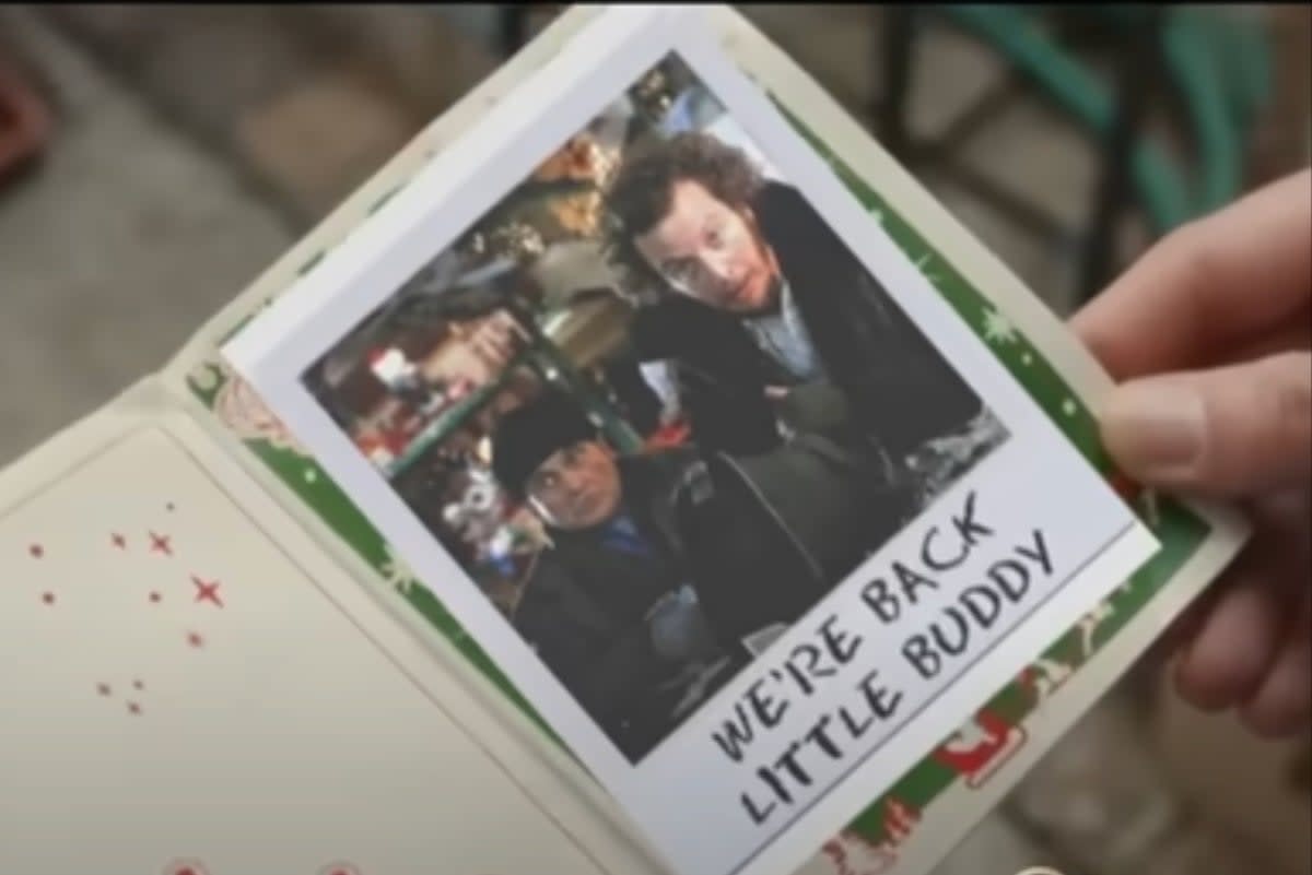In the opening scene, Culkin, playing an adult Kevin opens a Christmas card from the Wet Bandits that reads: ‘We’re back little buddy’ (YouTube / VJ4rawr2)
