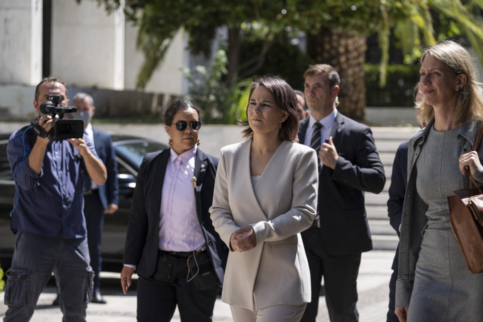 German Minister of Foreign Affairs Annalena Baerbock arrives at the Greek Foreign ministry for a meeting with the Greek Foreign Minister in Athens, on Friday, July 29, 2022. Baerbock is on a two-day official visit to Greece. (AP Photo/Petros Giannakouris)