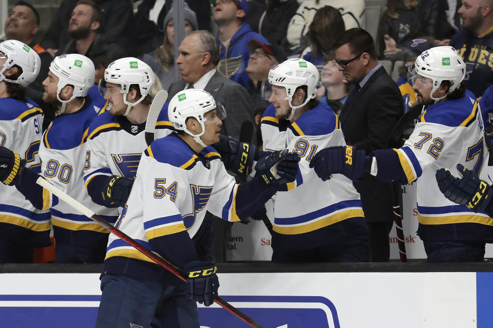 St. Louis Blues center Dakota Joshua (54) is congratulated for his goal during the first period of the team's NHL hockey game against the San Jose Sharks in San Jose, Calif., Thursday, April 21, 2022. (AP Photo/Josie Lepe)