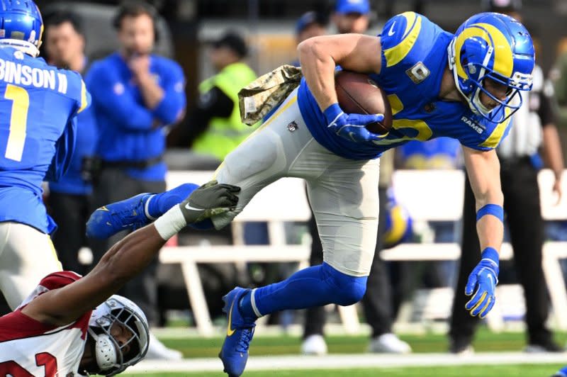 Los Angeles Rams wide receiver Cooper Kupp (R) was the 2021-22 Offensive Player of the Year. File Photo by Jon SooHoo/UPI
