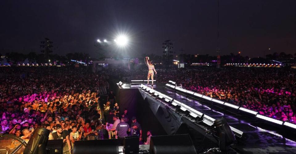 WWE SmackDown women’s champ The EST of WWE Bianca Belair celebrates her title defense at Rolling Loud Miami outside Hard Rock Stadium in Miami Gardens. 