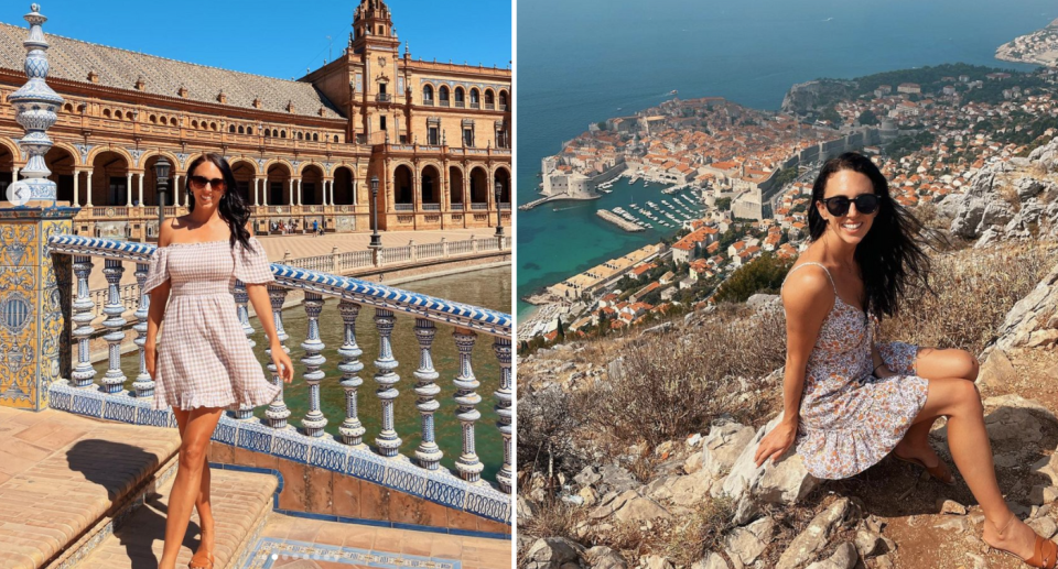 Tara standing on a bridge in Seville (left) and Tara at a lookout in Dubrovnik (right) - Tara has no mortgage