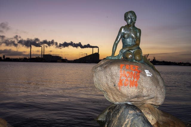 Graffiti painted on Copenhagen's Little Mermaid statue