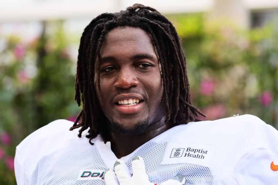 Left tackle Patrick Paul talks with reporters at the Miami Dolphins' facility.