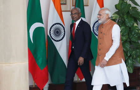 Maldives President Ibrahim Mohamed Solih and India's Prime Minister Narendra Modi arrive ahead of their meeting at Hyderabad House in New Delhi, December 17, 2018. REUTERS/Adnan Abidi