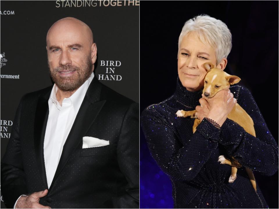 Side by side of John Travolta and Jamie Lee Curtis holding a small puppy close to her chest.