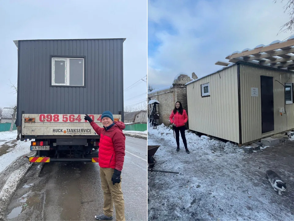 Taslim points to a container home loaded on a truck, while Lam poses next to one of their delivered houses.