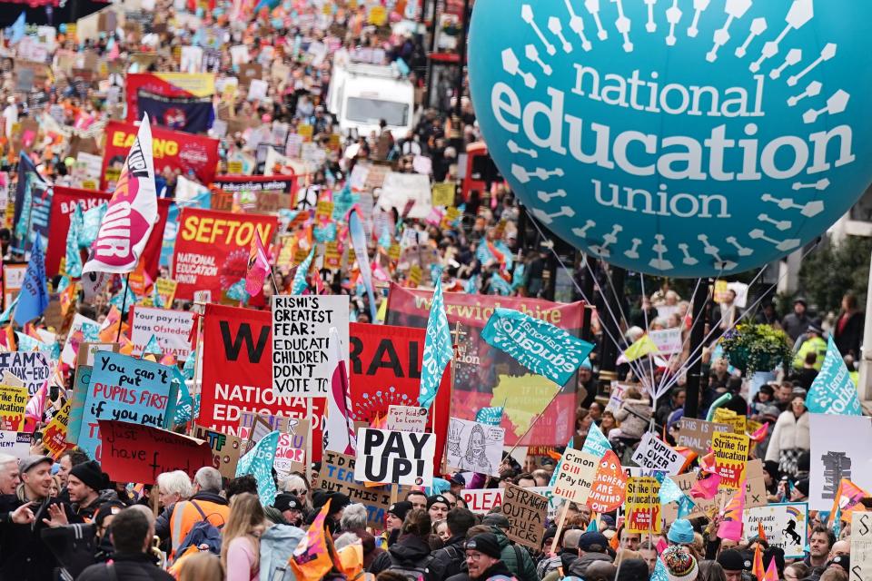 Striking members of the National Education Union on Piccadilly march to a rally in Trafalgar Square, central London, in a long-running dispute over pay (Aaron Chown/PA) (PA Wire)