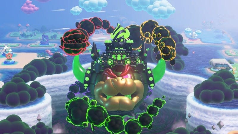 Bowser is shown in his castle form hovering over a beach area.