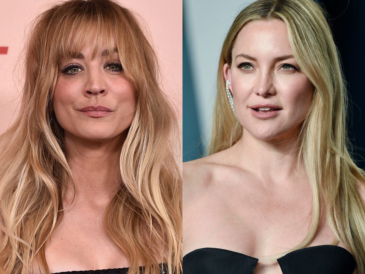 On the left: Kaley Cuoco at the LA premiere of "The Flight Attendant" in April 2022. On the right: Kate Hudson at the Vanity Fair Oscar Party in March 2022.