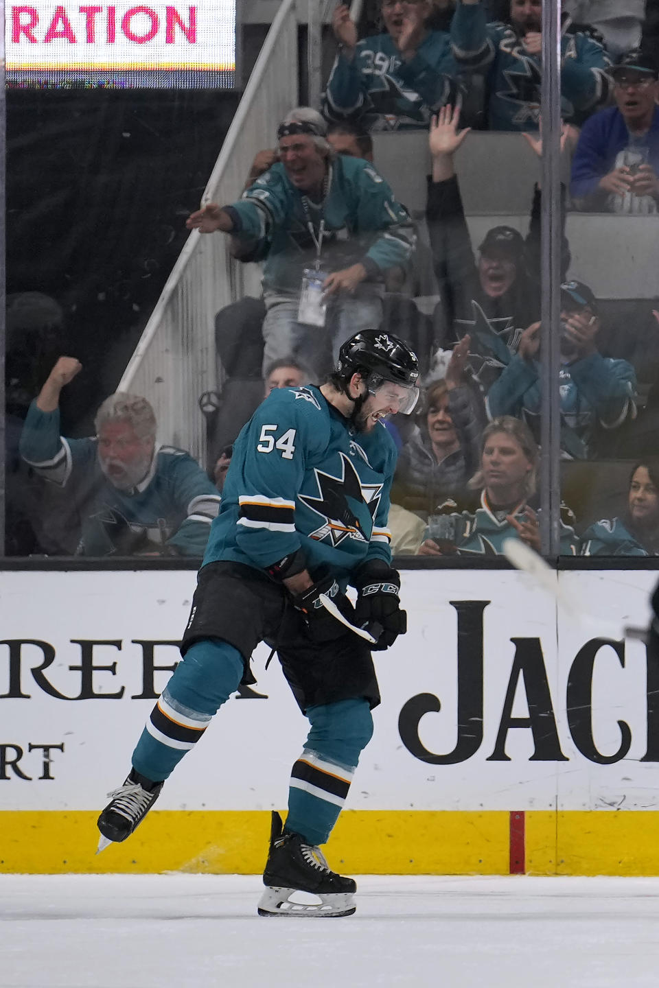 San Jose Sharks center Scott Reedy celebrates after scoring a goal against the Anaheim Ducks during the second period in an NHL hockey game Tuesday, April 26, 2022, in San Jose, Calif. (AP Photo/Tony Avelar)