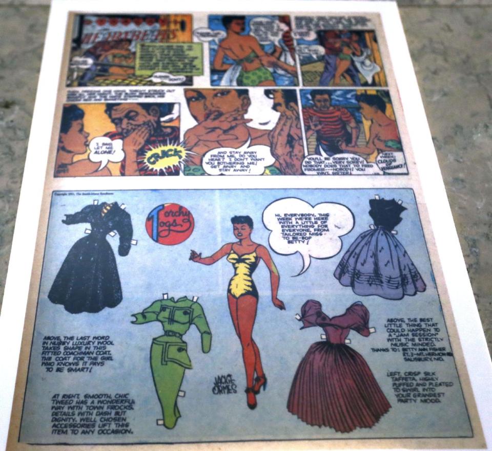 This Wednesday, Feb. 5, 2014 photo shows one of the pages of a comic boook by Zelda “Jackie” Ormes, the first African American woman comic artist, is on display at the City/County building in downtown Pittsburgh. The exhibit chronicles some early African American artists and a publisher who started to break the comic color barrier in the 1930s and 1940s. (AP Photo/Keith Srakocic)