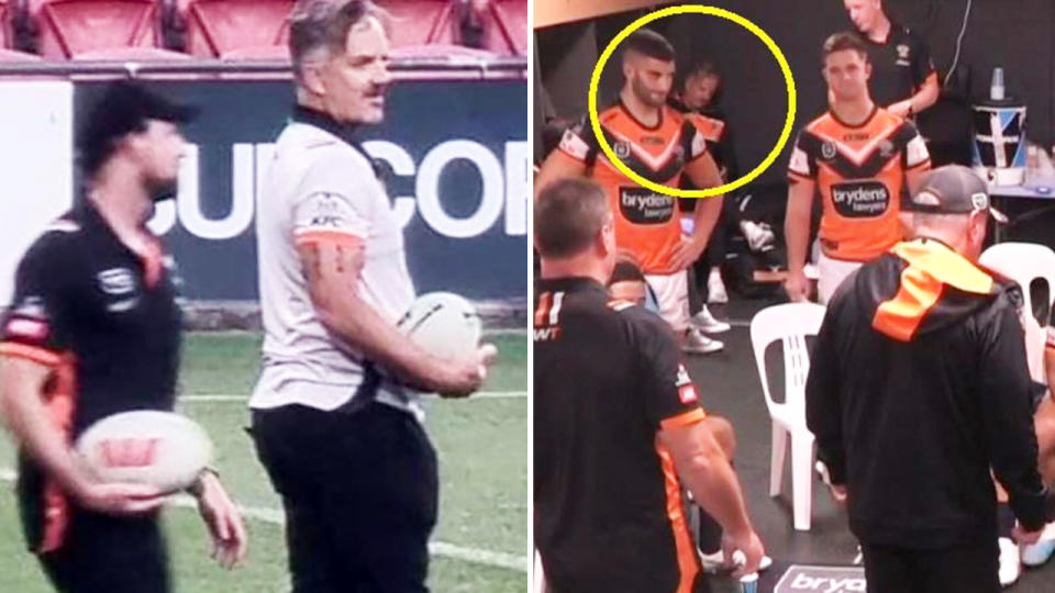 Justin Pascoe, pictured here on the field before the Wests Tigers game and in the dressing rooms at half-time. 