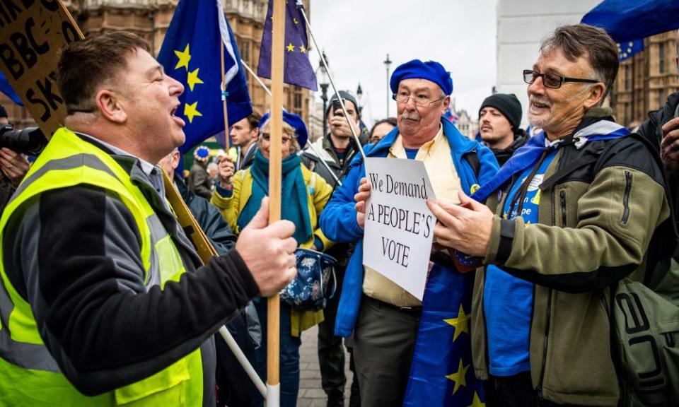 Pro and anti-Brexit protesters clash outside parliament.