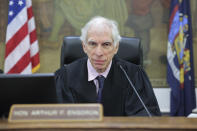 Judge Arthur F. Engoron presides over former President Donald Trump's civil business fraud trial at New York Supreme Court, Tuesday, Oct. 17, 2023, in New York. (Andrew Kelly/Pool Photo via AP)