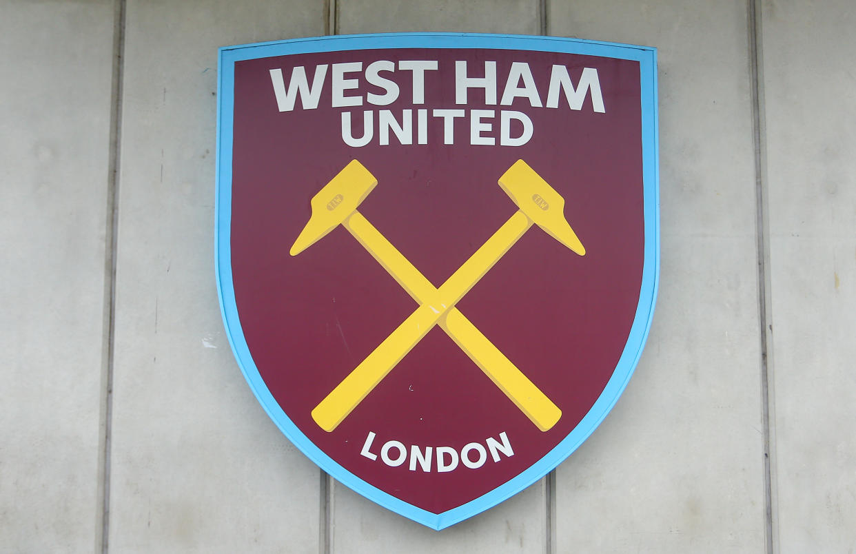A West Ham United logo at The London Stadium during the Europa Conference League Semi Final 1st leg between West Ham United and AZ Alkmaar at the London Stadium, Stratford on Thursday 11th May 2023. (Photo by Michael Driver/MI News/NurPhoto via Getty Images)