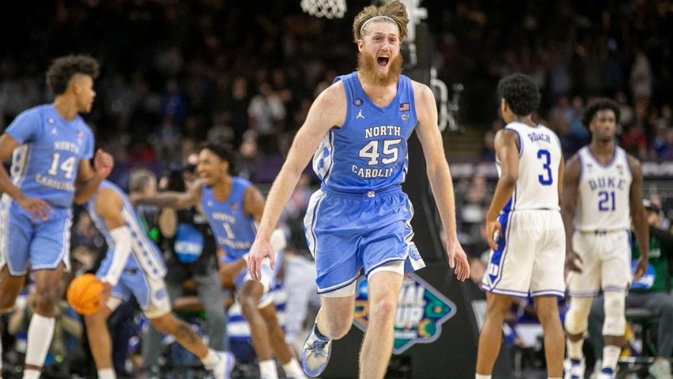 North Carolina’s Brady Manek (45) reacts as time expires and the Tar Heels celebrate their 81-77 victory over Duke in the the NCAA Final Four semi-final on Saturday, April 2, 2022 at Caesars Superdome in New Orleans, La.