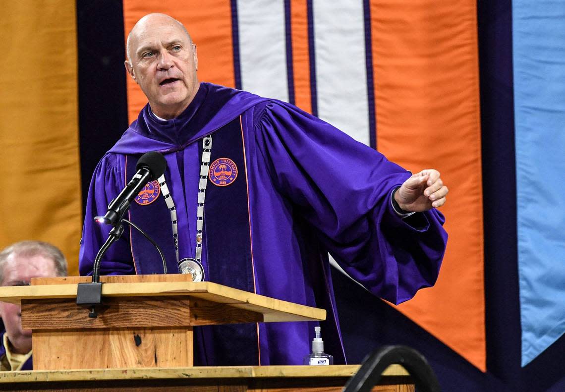 President Jim Clements welcomes the crowd during Clemson University summer commencement in Littlejohn Coliseum in Clemson, S.C. Friday, August 11, 2023.